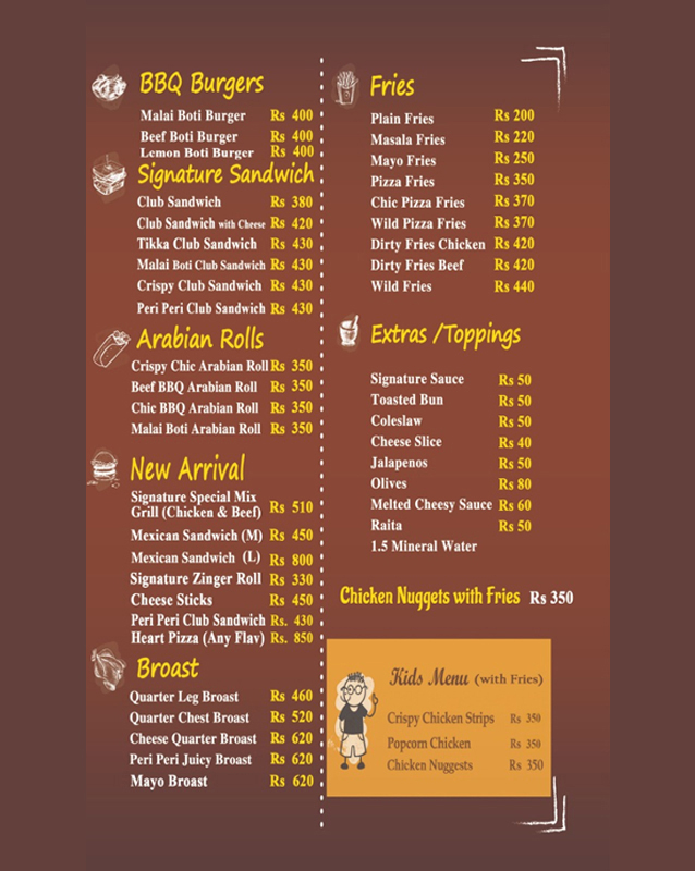 Signature Burgers and Wings menu