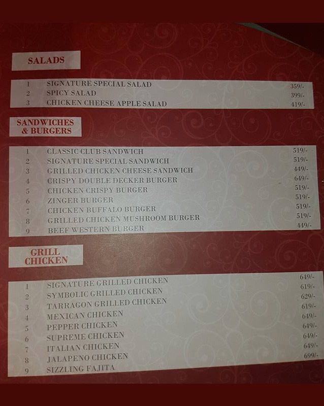 Signature Club menu