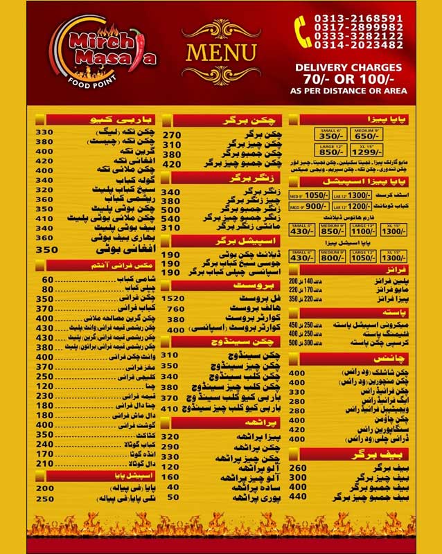 Mirch Masala Food Point menu