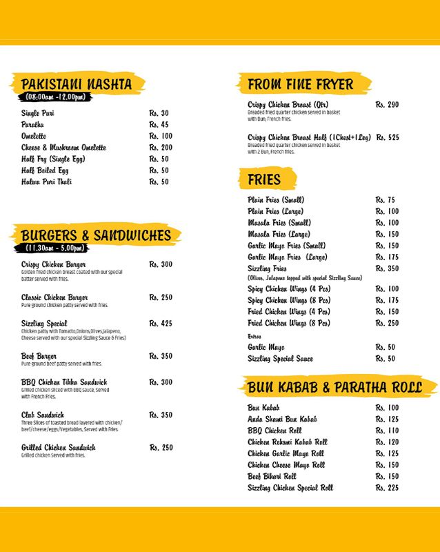 Sizzling Plate menu