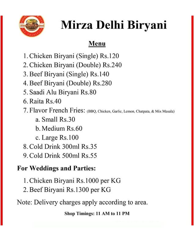 Mirza Delhi Biryani menu