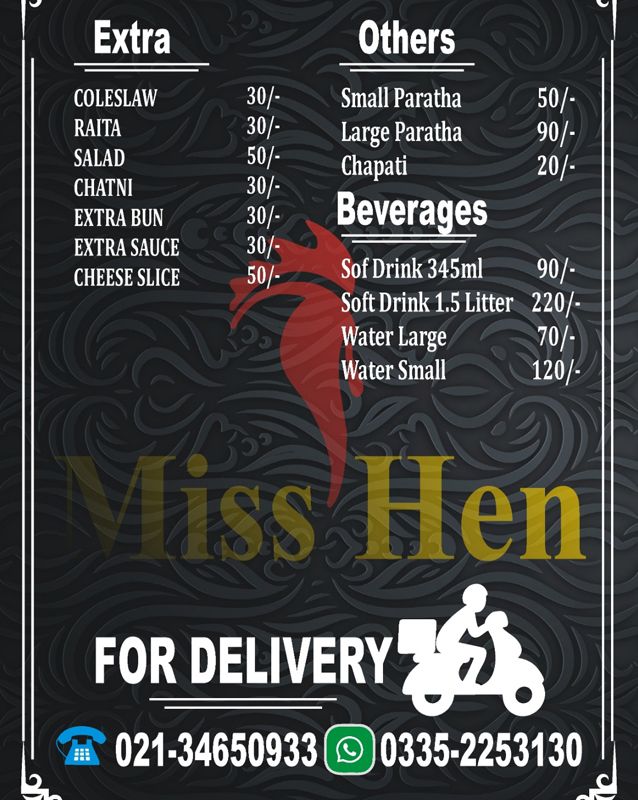 Miss Hen menu