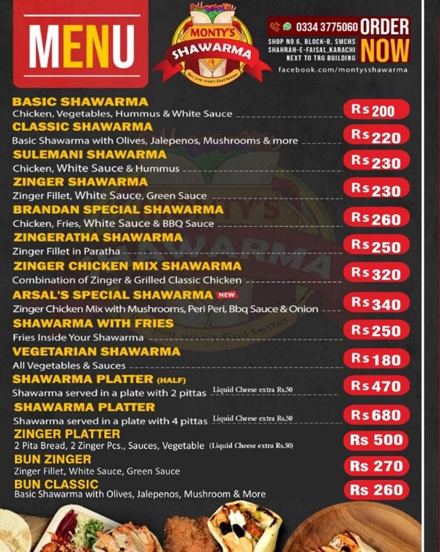 Monty's Shawarma menu