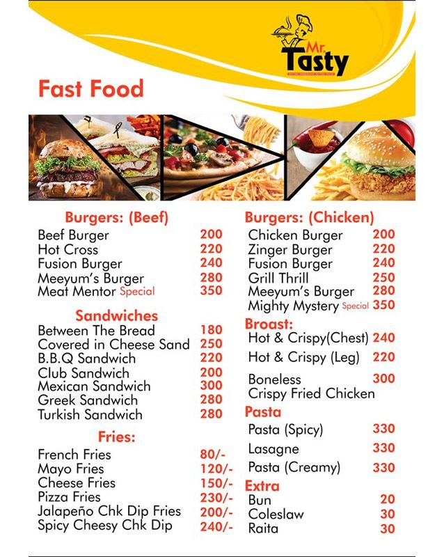 Mr Tasty menu