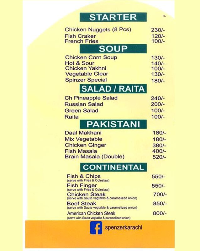 Spenzer Restaurant menu