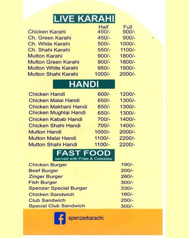 Spenzer Restaurant menu