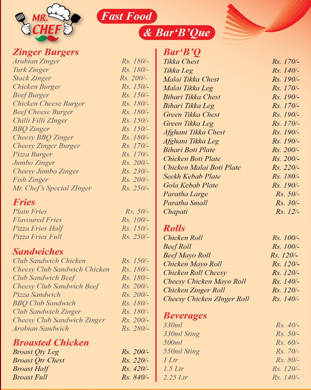 Mr. Chef menu