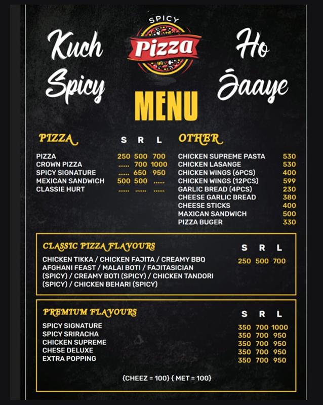 Spicy Pizza menu