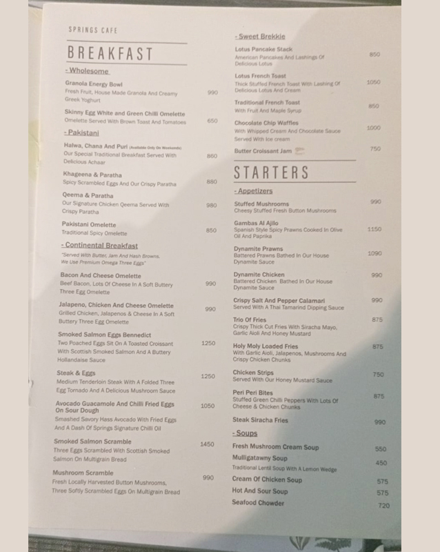 Springs Cafe menu