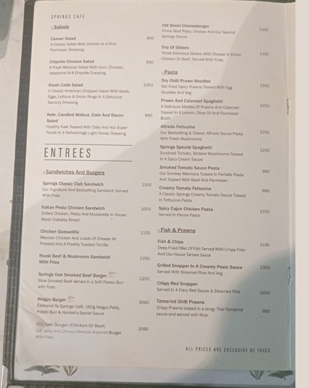 Springs Cafe menu