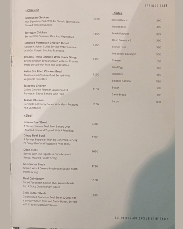 Springs Cafe menu