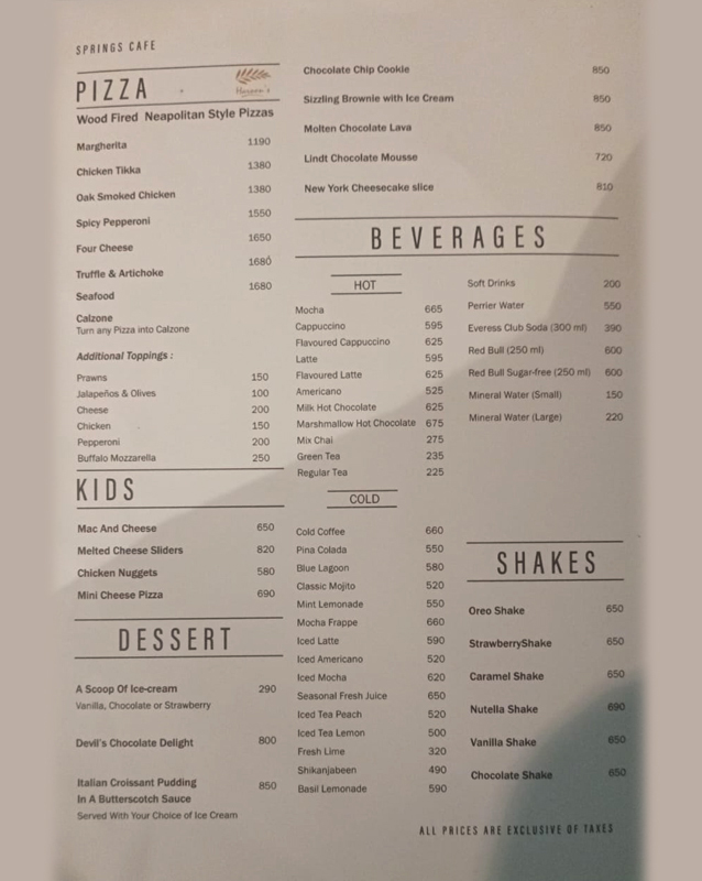 Springs Cafe menu