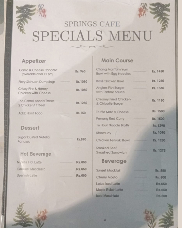 Springs Cafe menu