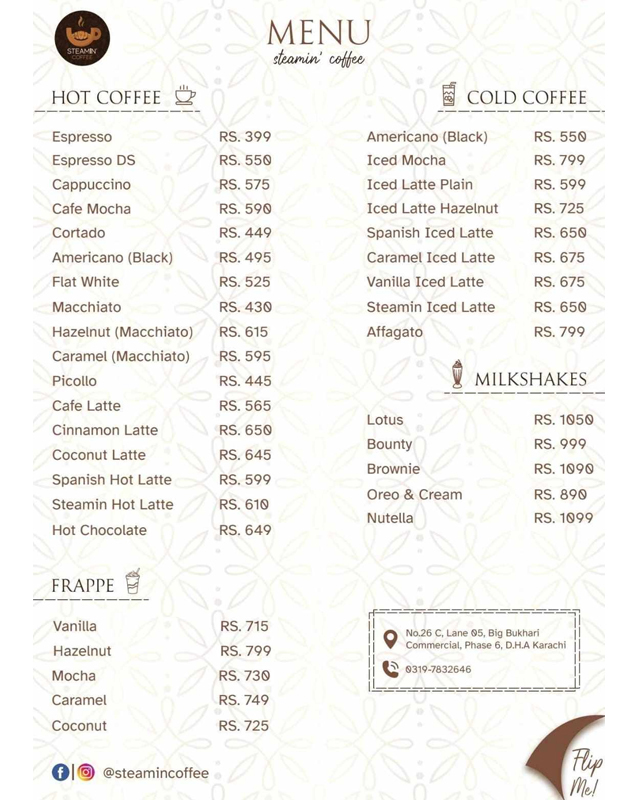 Steamin' Coffee menu
