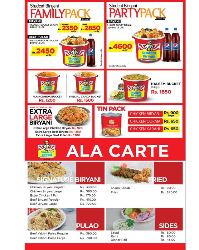 Student Biryani menu