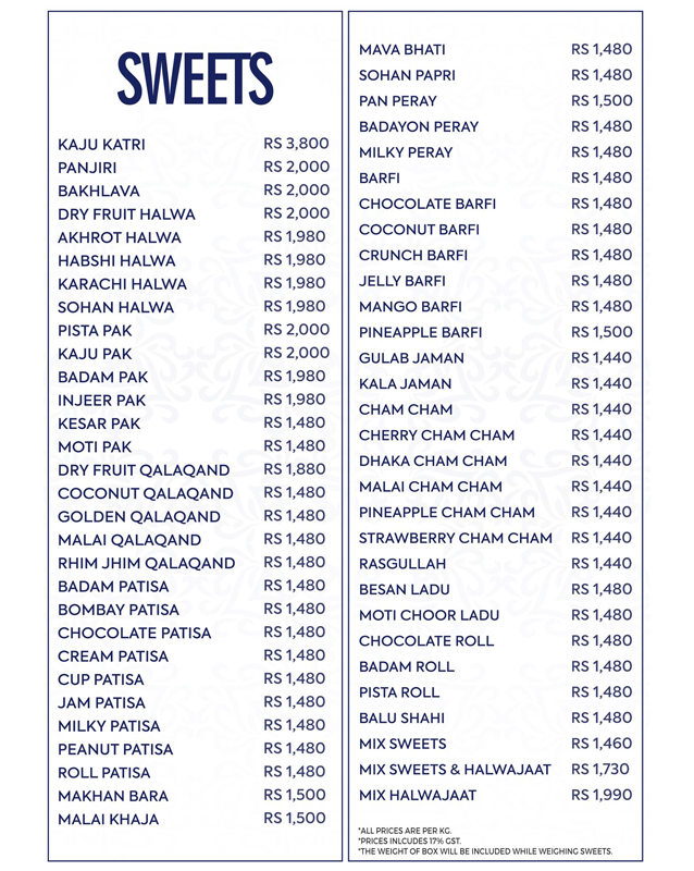 New Dilpasand Sweets menu