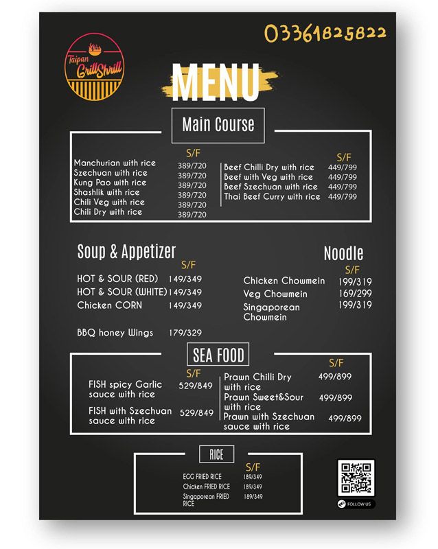 Taipan Grill Shrill menu
