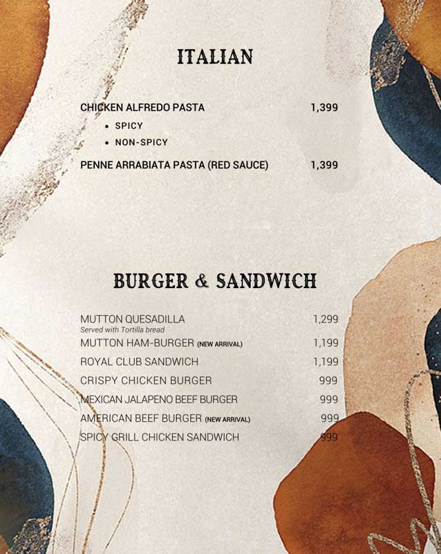 Taj Darbar menu