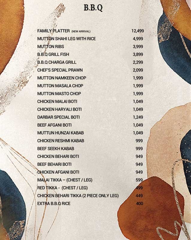 Taj Darbar menu