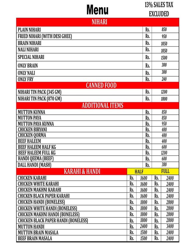 Nihari Inn menu