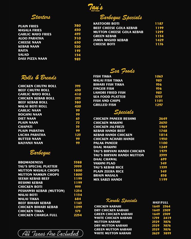 Tau's Restaurant menu