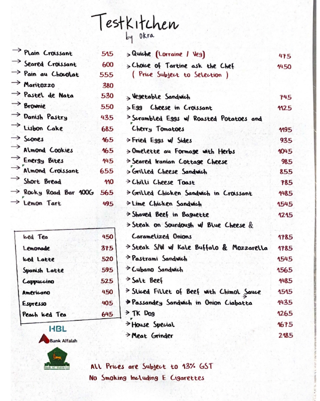 Testkitchen by Okra menu