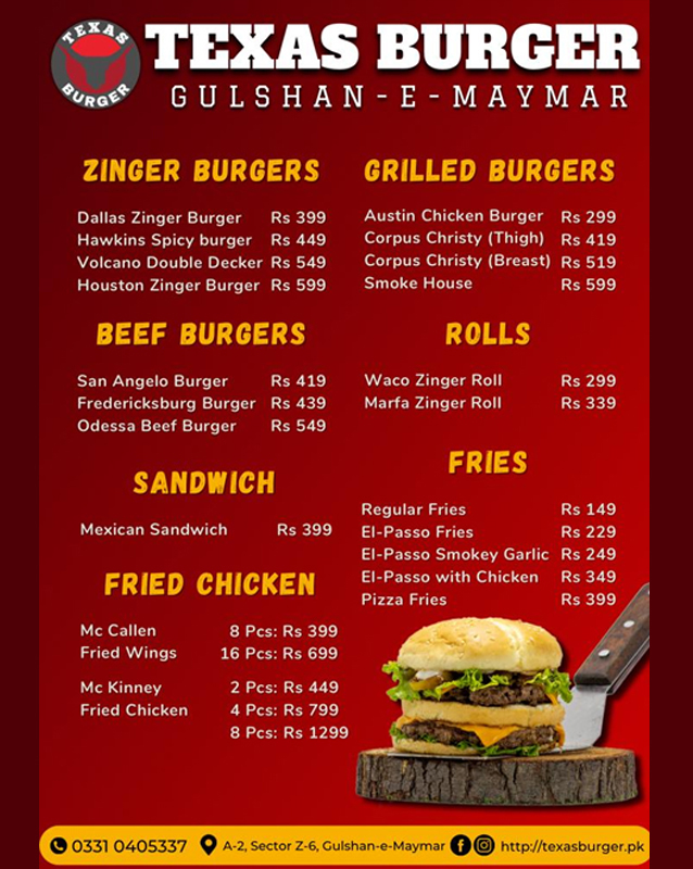 Texas Burgers menu
