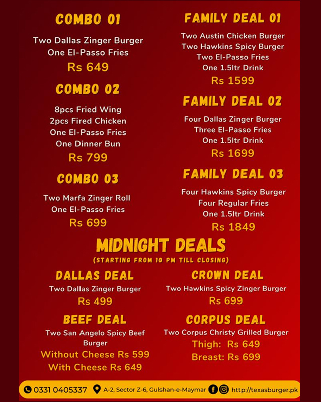 Texas Burgers menu