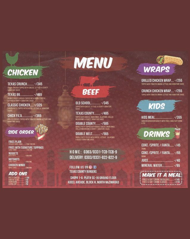Texas County Burgers menu