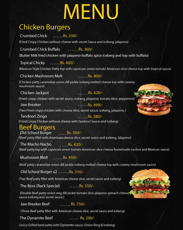 The Burger Rack menu