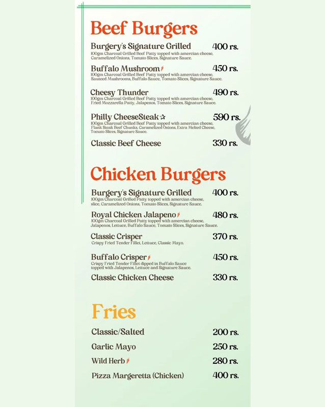 The Burgery's menu