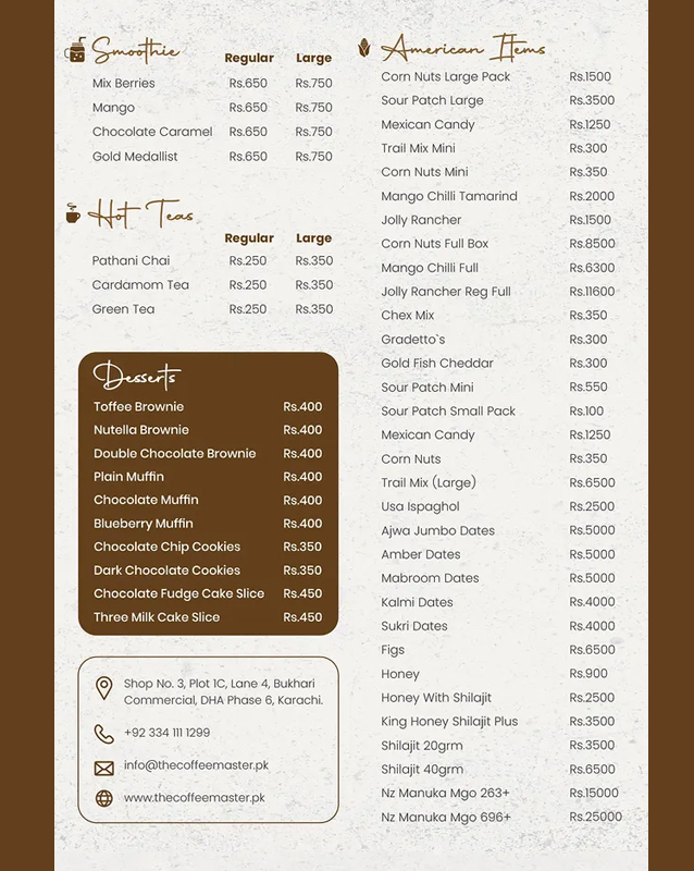 The Coffee Master  menu