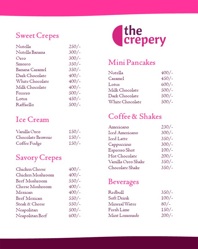 The Crepery menu