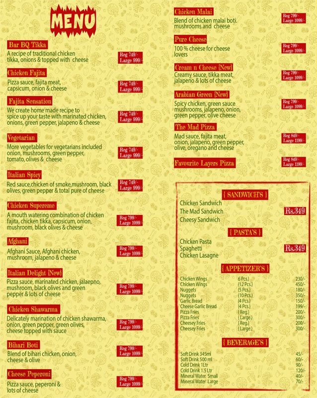 The Mad Pizza menu