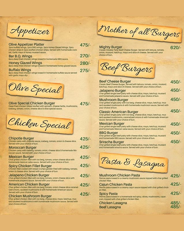 The Olive Burger menu