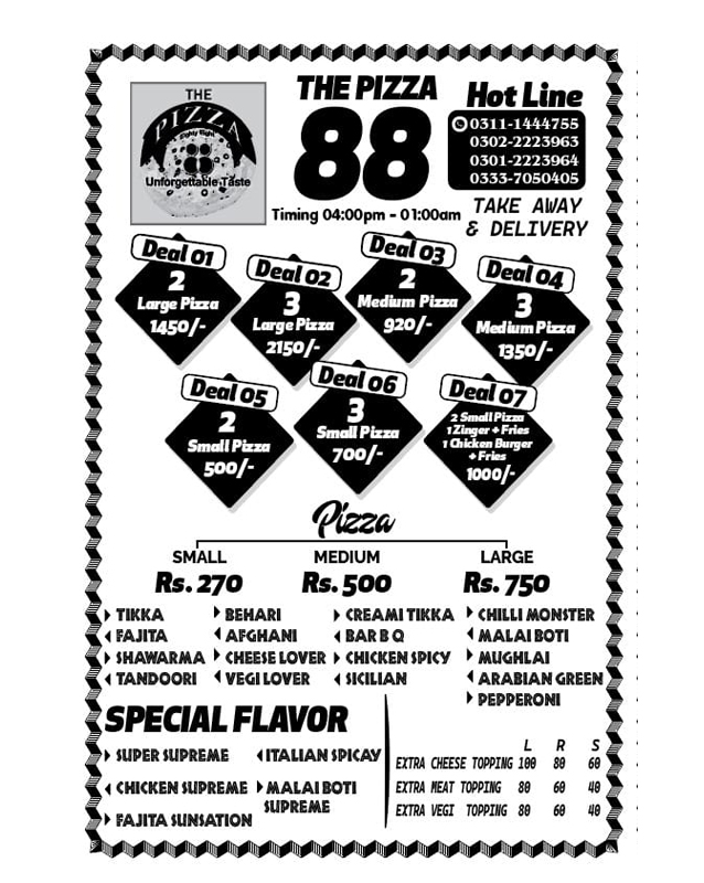 The Pizza 88 menu