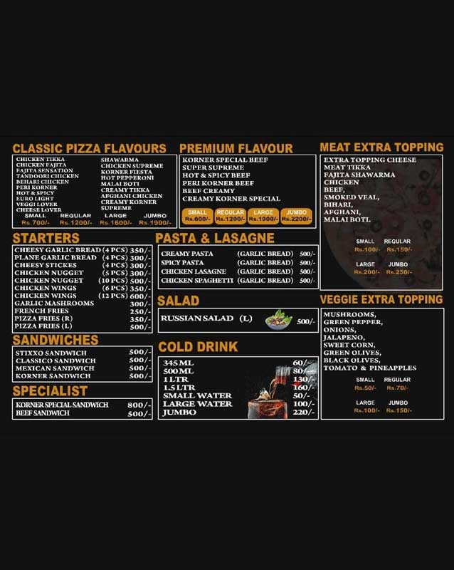 The Pizza Korner menu
