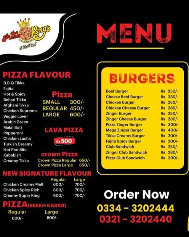 The Pizza King's menu
