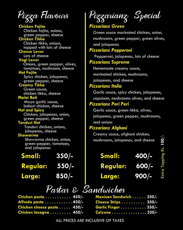 The Pizzarianz menu