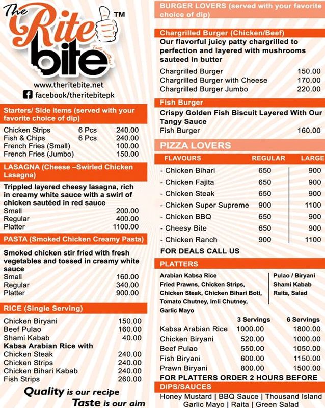 The Rite Bite menu