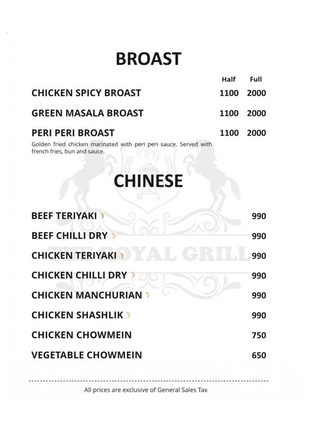 The Royal Grill menu