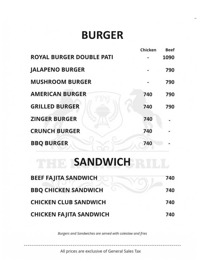 The Royal Grill menu