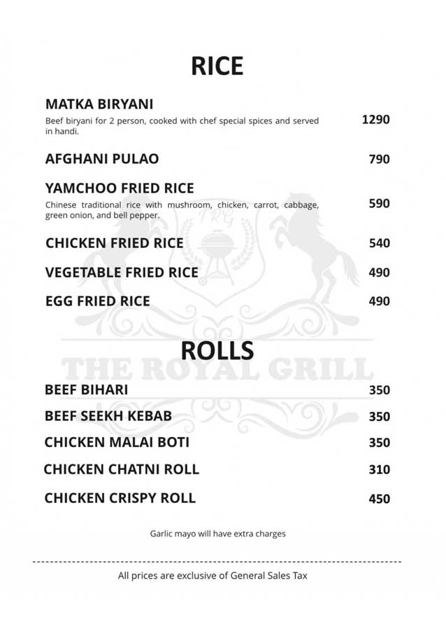 The Royal Grill menu