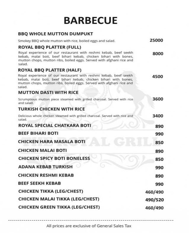 The Royal Grill menu
