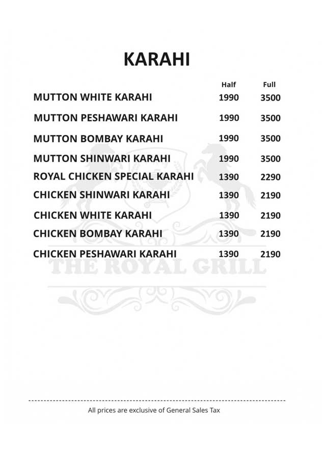 The Royal Grill menu
