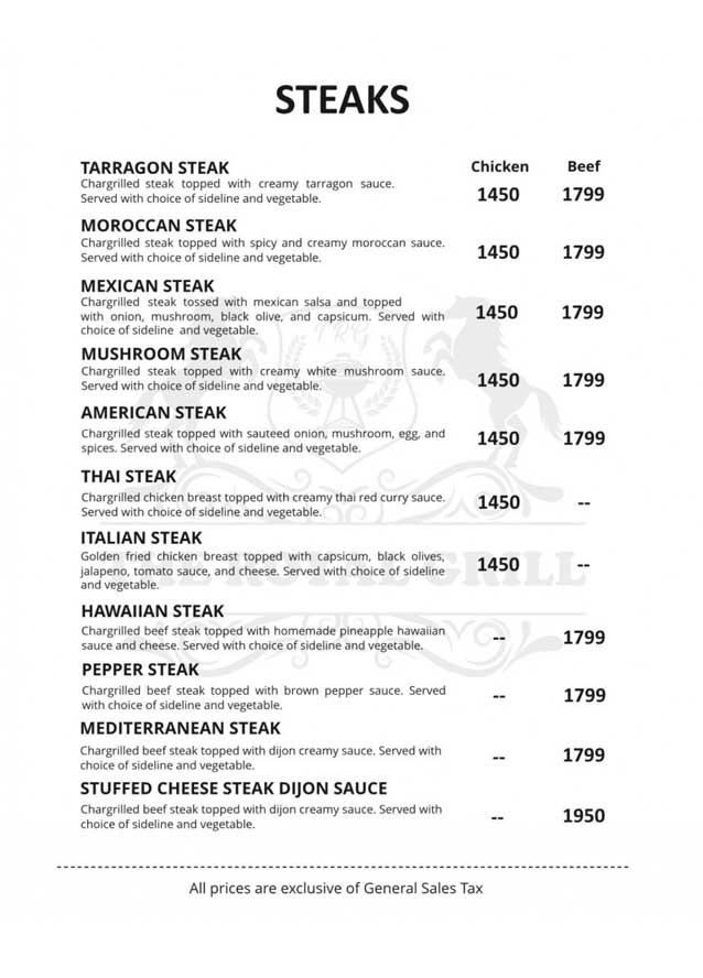 The Royal Grill menu