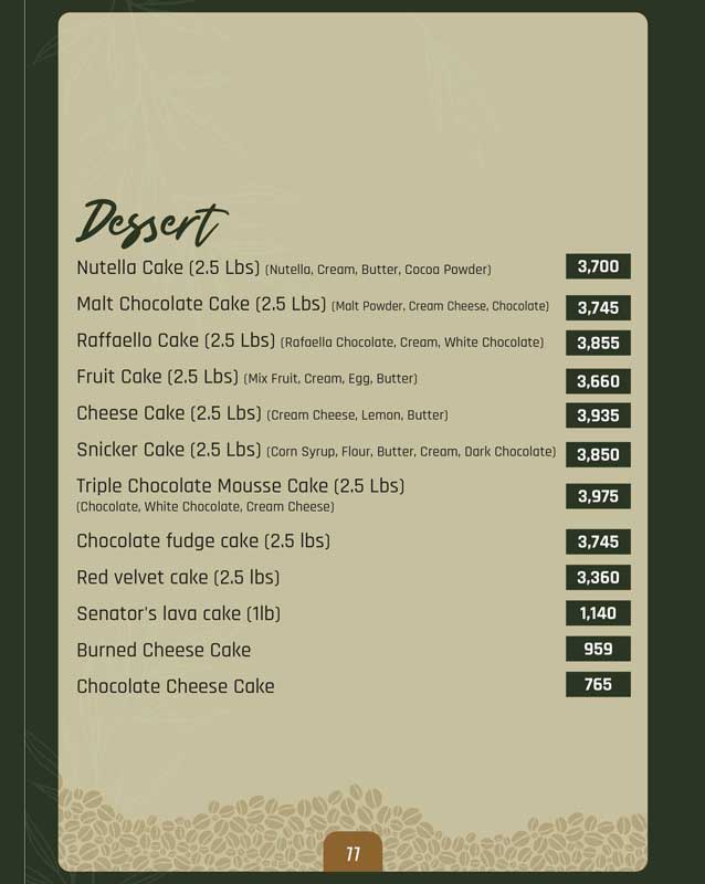The Senator Cafe menu