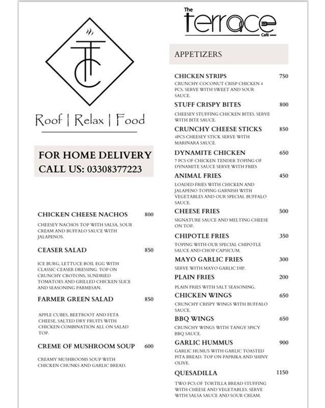 The Terrace Cafe Karachi menu