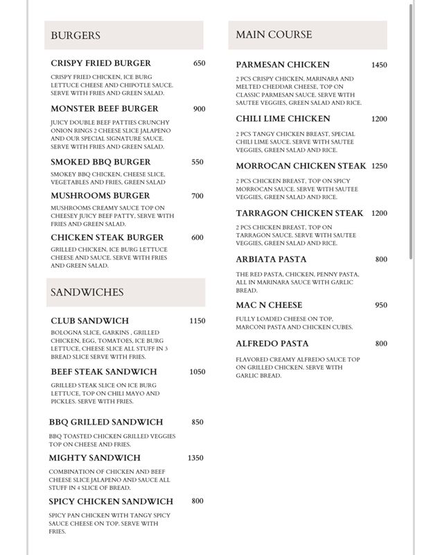 The Terrace Cafe Karachi menu