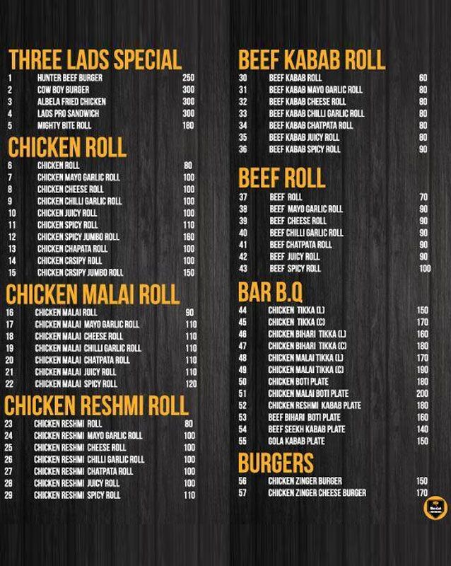 Three Lads menu